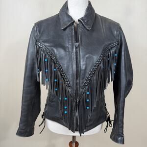 First Genuine Leather Black Fringe Jacket Beaded Western Motorcycle Coat Size 10